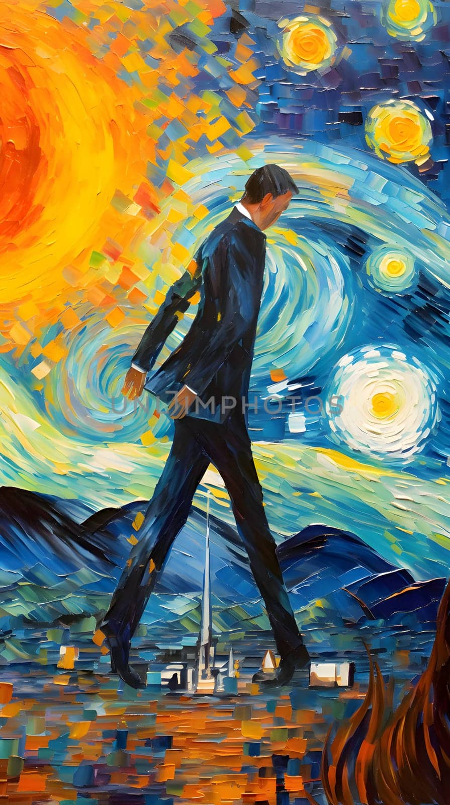 Abstract illustration: Businessman walking in the middle of the city, colorful oil painting