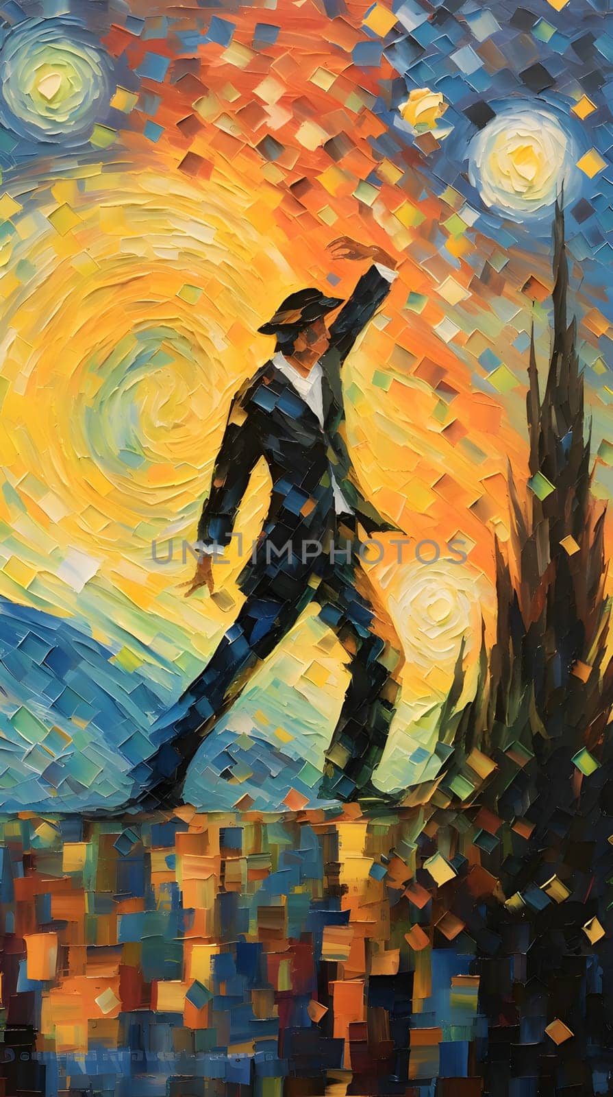 Abstract illustration: Original oil painting of a man in a suit and hat dancing in the sun