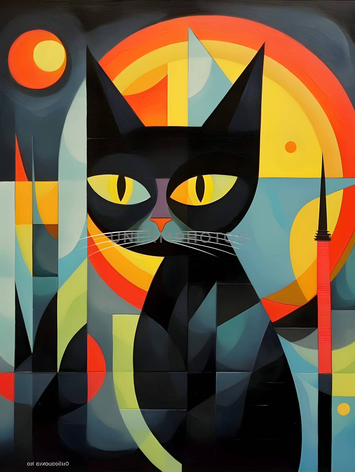 Abstract illustration: Abstract background with black cat and colorful geometric shapes. Vector illustration.