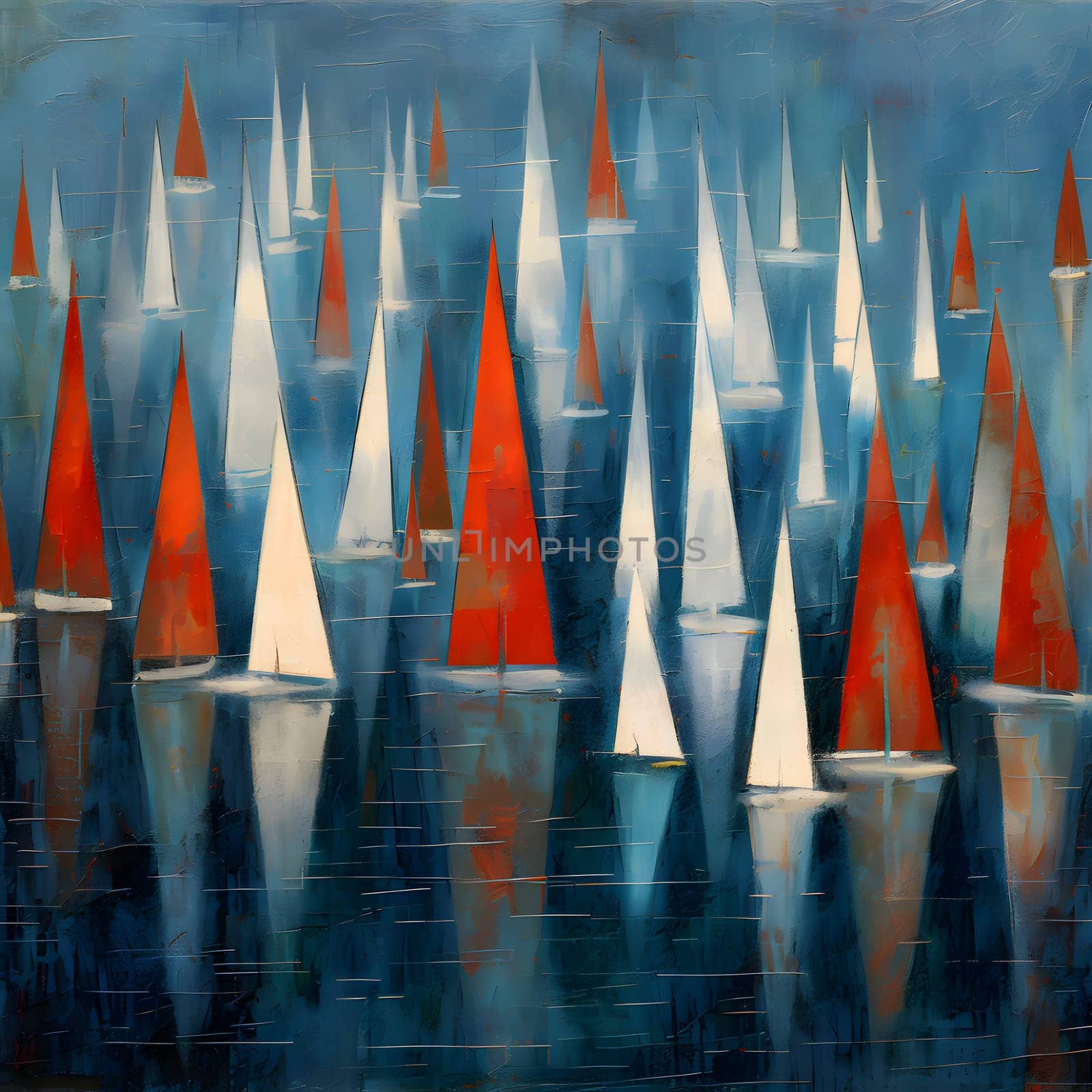 Abstract illustration: Abstract background with red, white and blue boats on the water.