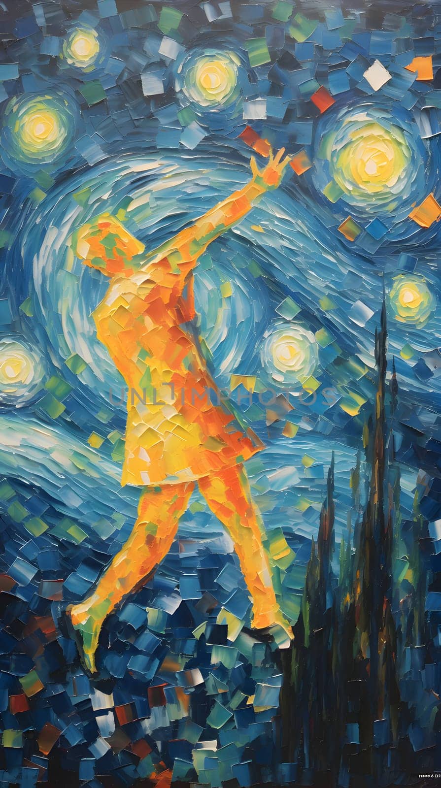 Abstract illustration: Abstract painting of a man dancing on the beach. Oil painting.