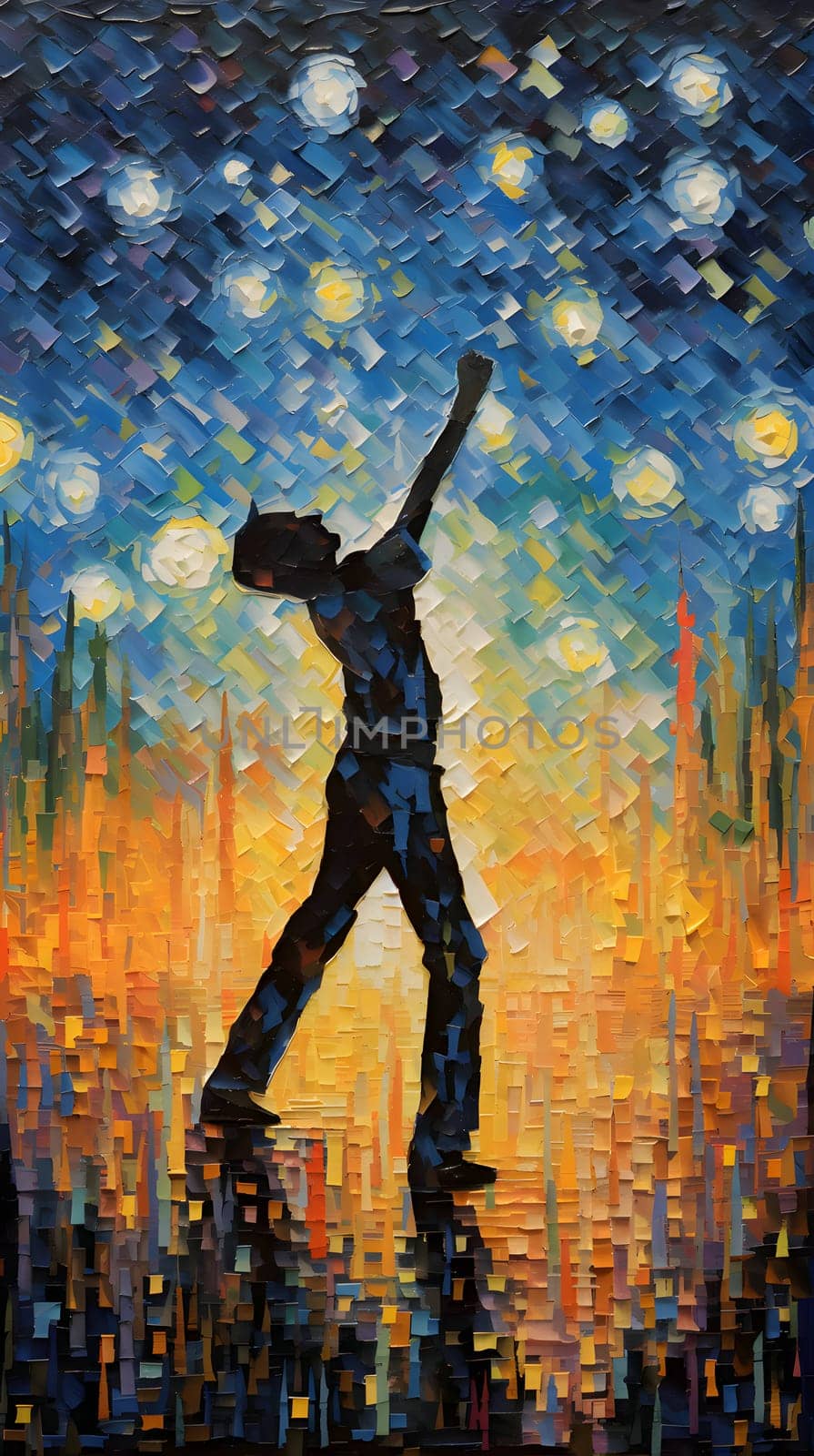 Digital painting of a silhouette of a man dancing on a colorful background by ThemesS
