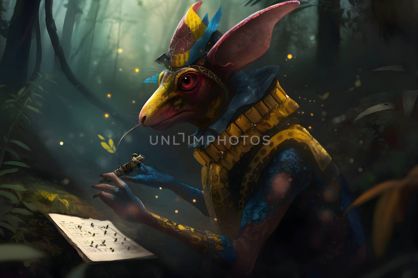 3d illustration of a fantasy dragon playing a musical instrument in the forest by ThemesS