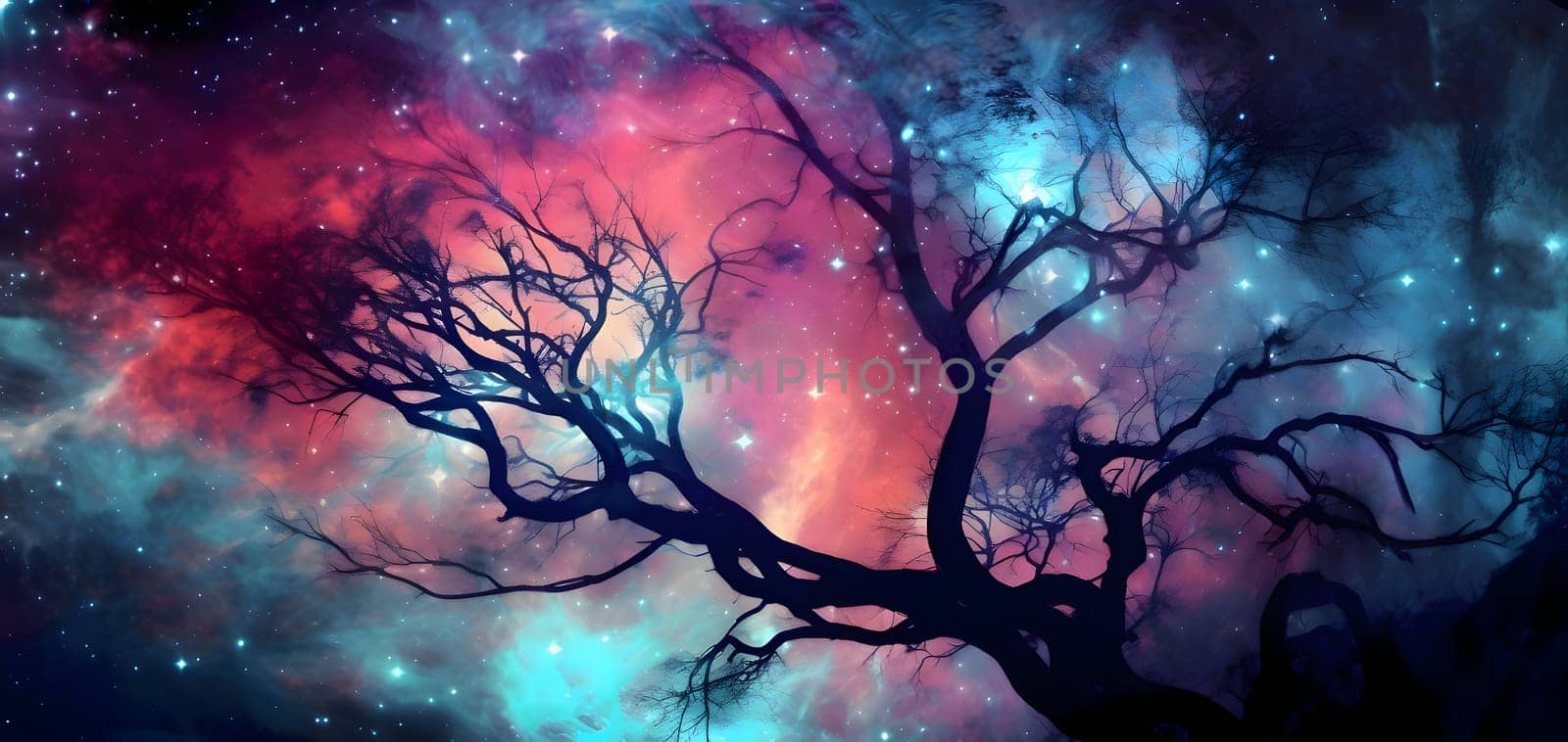Abstract illustration: Abstract background of the night sky with stars and tree silhouettes.