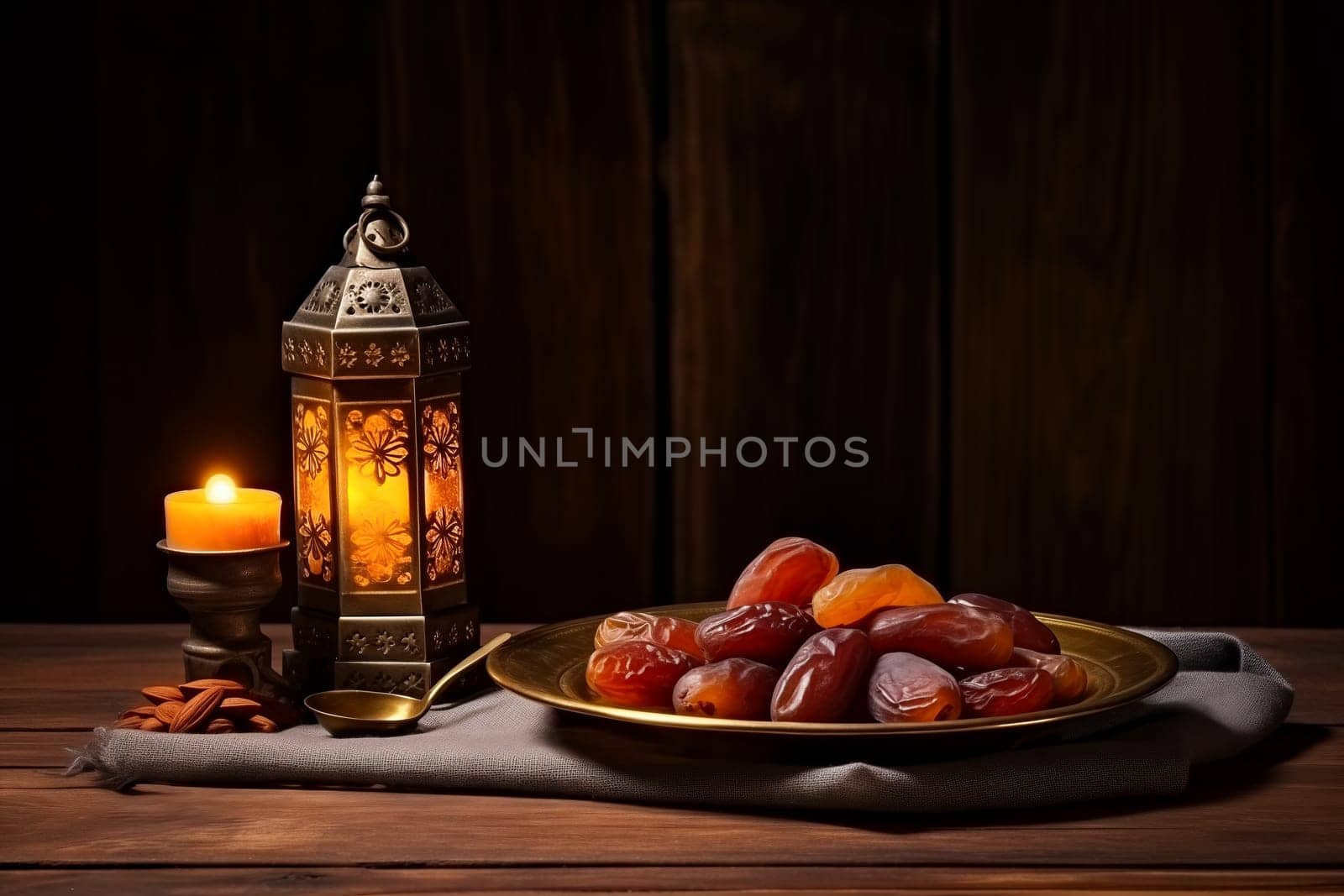 Ramadan lantern with a plate of succulent figs on dark background, set on an ornate table with intricate designs, evoking the rich traditions and serene moments of the holy month