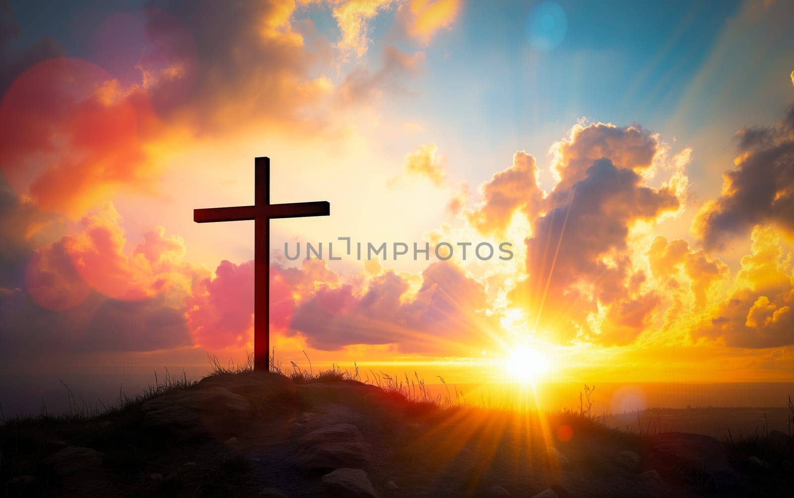 Jesus cross on Calvary Hill Dramatic Sunset at Golgotha by dimol