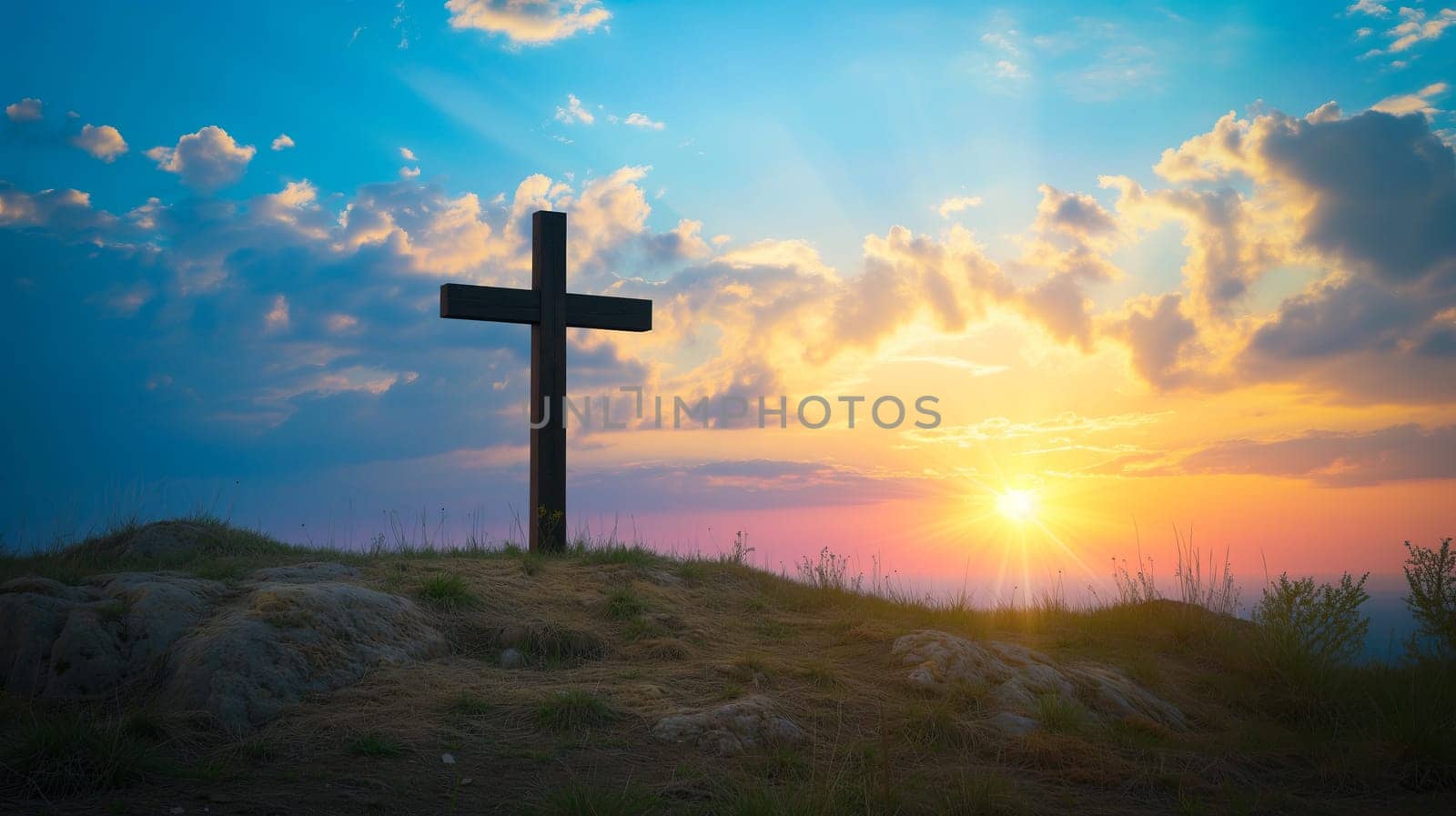 Easter concept cross on Golgotha Calvary hill against a dramatic sunset