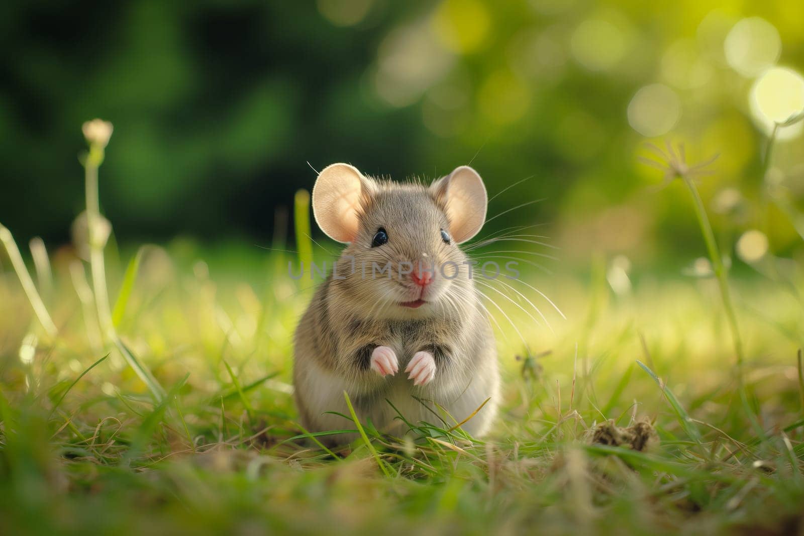 Cute mouse with large ears, exploring the vibrant green grass on a sunny day