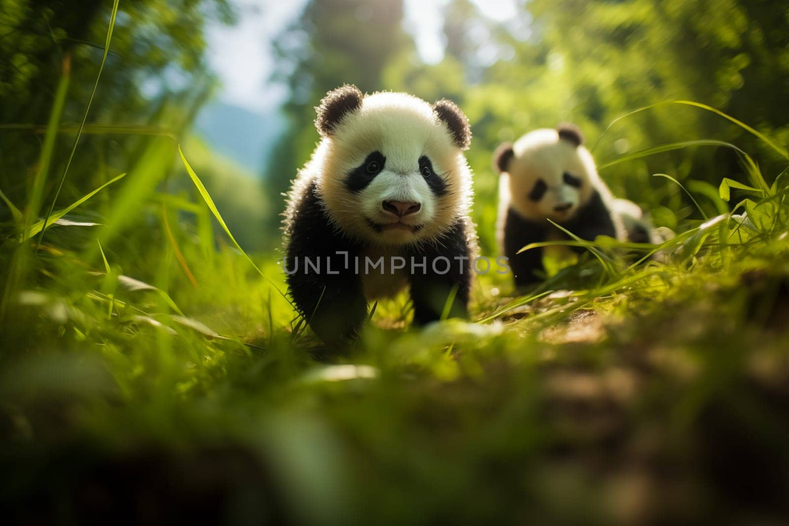 Cute panda cubs in a lush bamboo grove, The image showcases the beauty and serenity of nature and wildlife. Endangered species