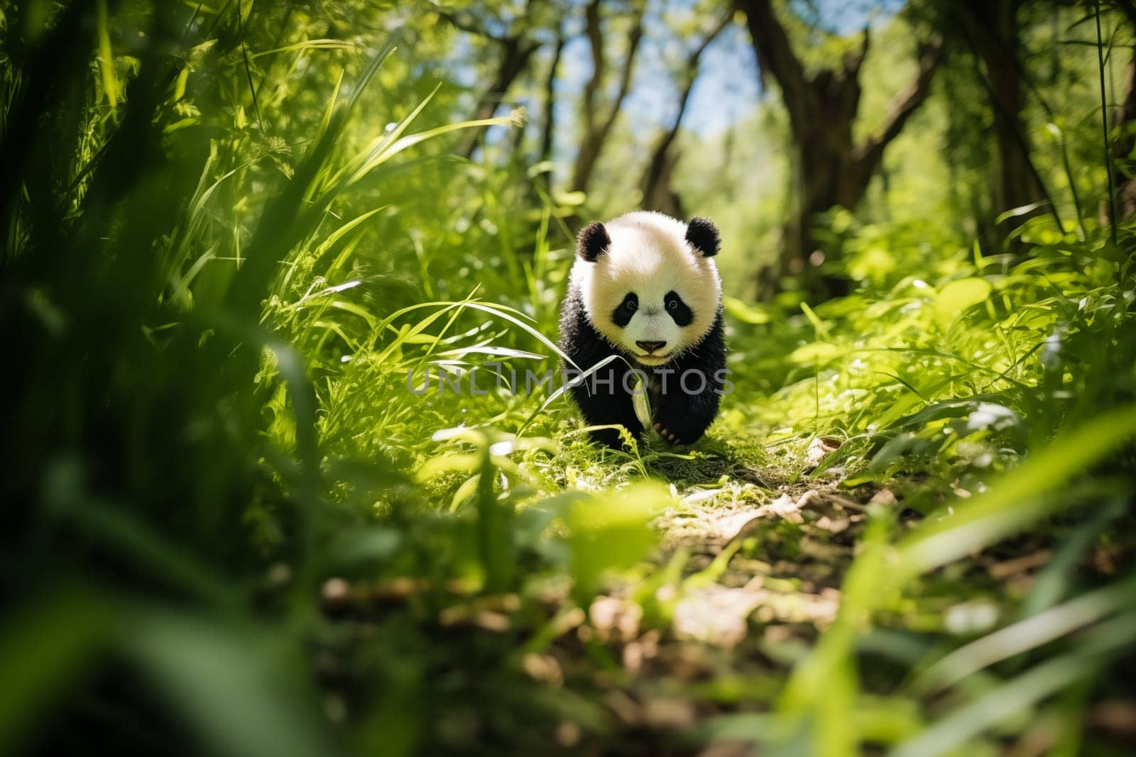 Cute panda cub in a lush bamboo grove, The image showcases the beauty and serenity of nature and wildlife. Endangered species