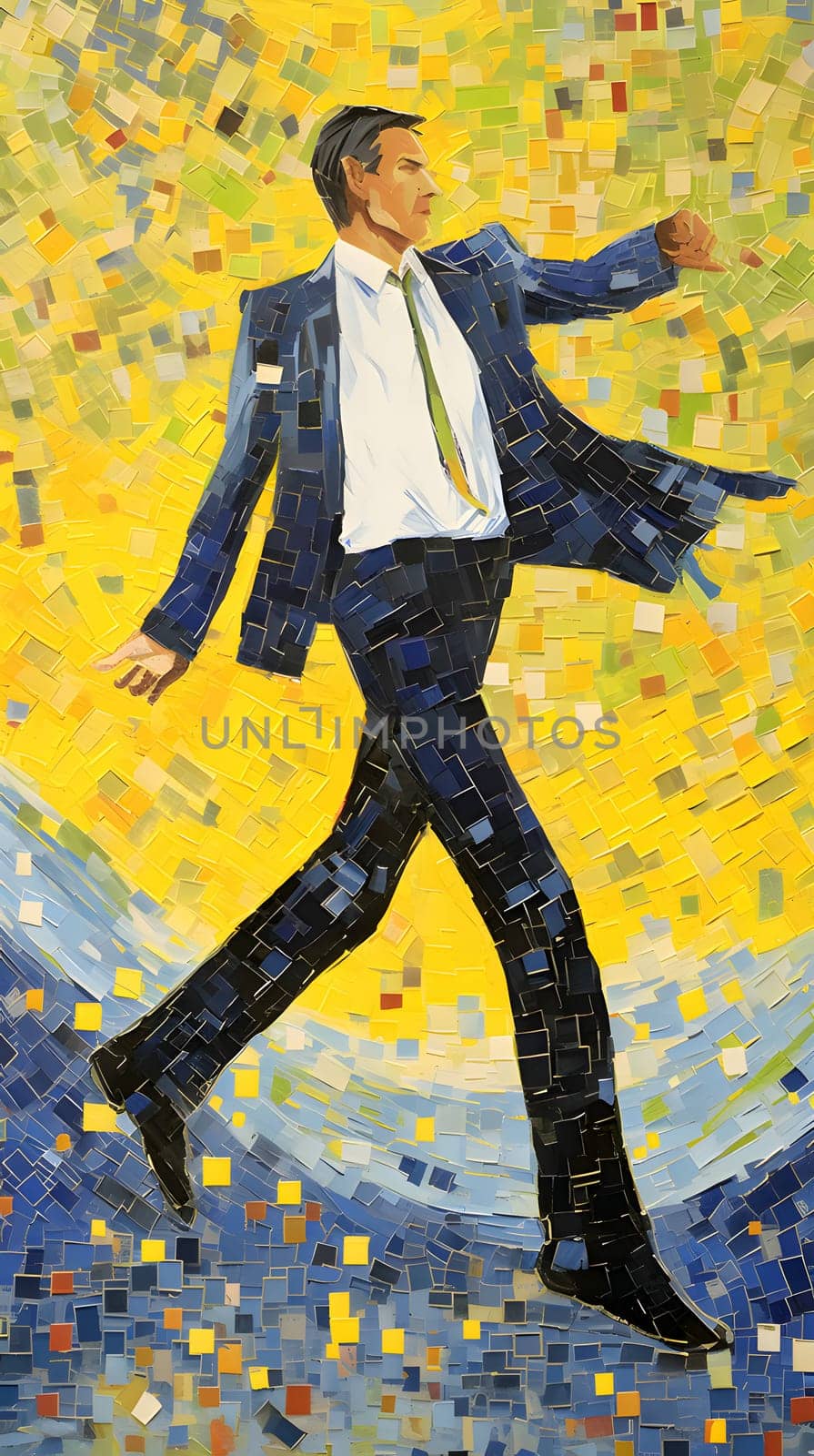 Abstract illustration: Businessman in a suit with a tie running on a mosaic background