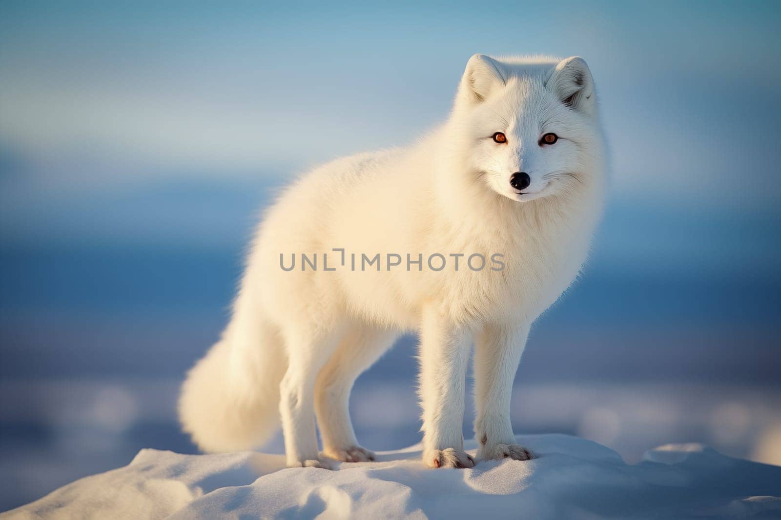 White Arctic fox standing on a snowy hill. The beauty and resilience of the fox in its natural habitat
