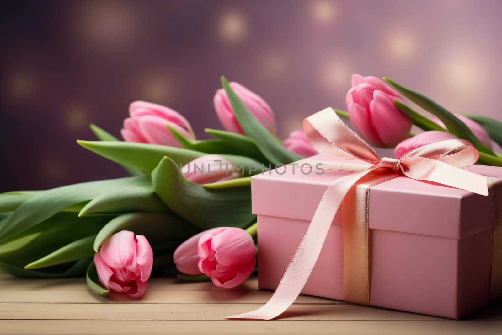 Gift Box with Pink Ribbon Beside bouquet of Fresh Tulips on Bokeh Background. Good for Valentine day, March 8, mother day, spring holidays, birthday designs