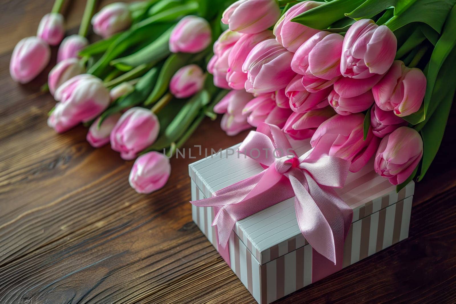 Gift Box with Pink Ribbon Beside bouquet of Fresh Tulips. Background for Valentine day, March 8, mother day, spring holidays, birthday