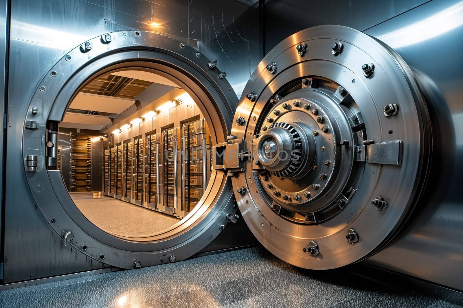 Open bank vault door, revealing a room filled with safety deposit boxes in safe depositary. The metallic and sturdy design of the door highlights security and protection