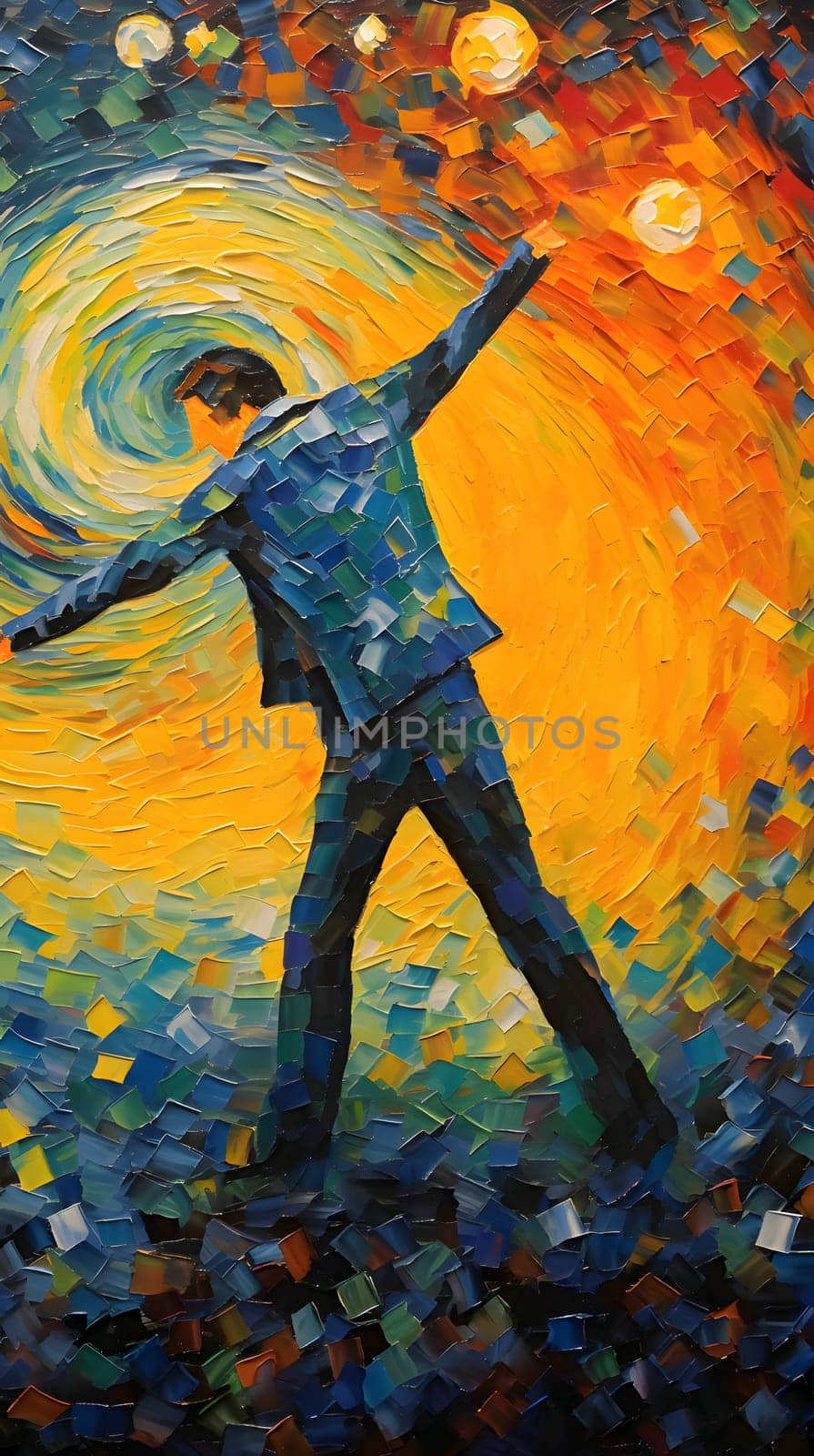 Abstract illustration: Artistic oil painting of a young man dancing on a sunset background