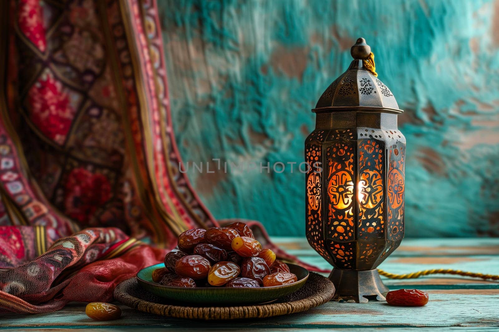 Ramadan lantern with a plate of succulent figs, set on an ornate table with intricate designs, evoking the rich traditions and serene moments of the holy month
