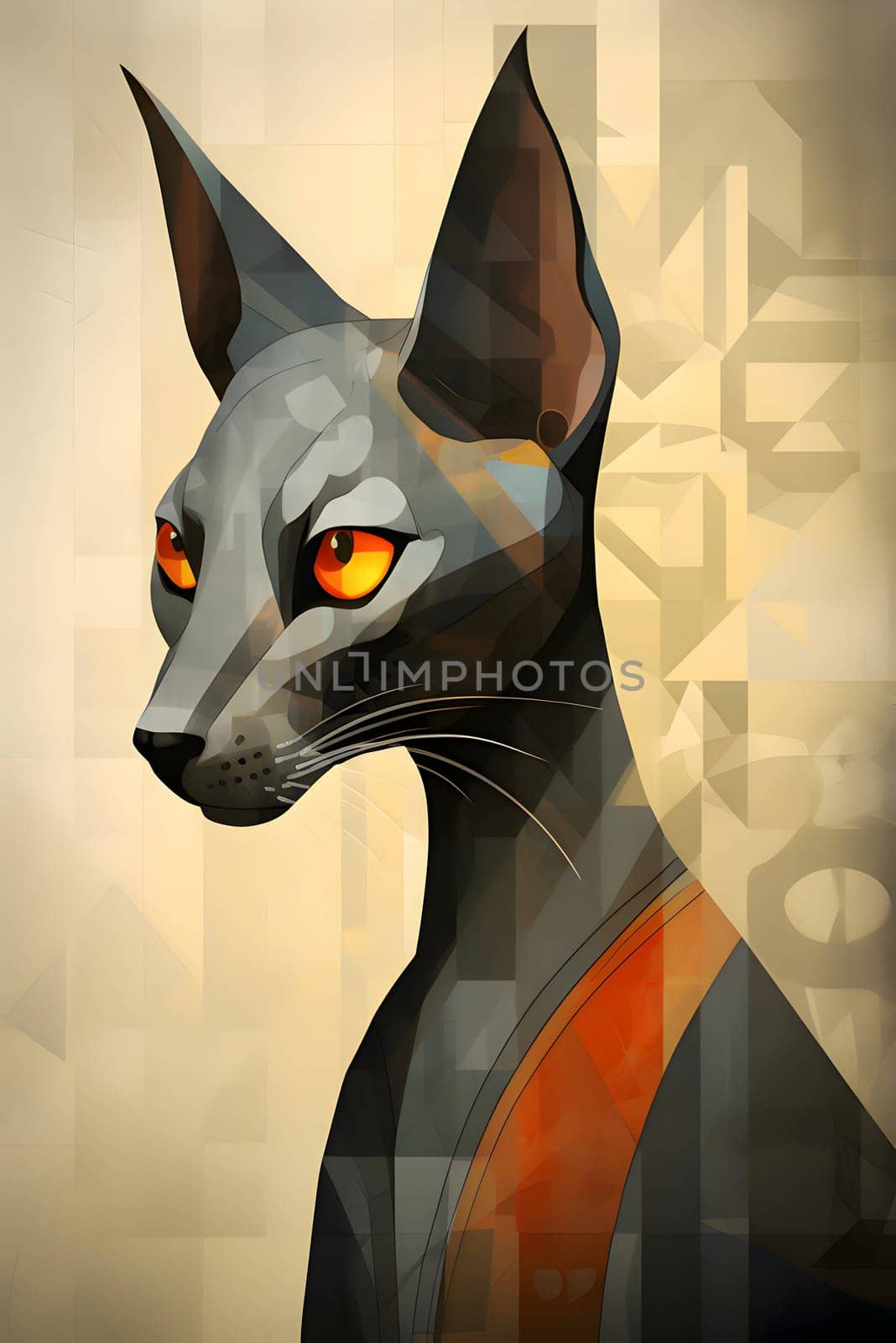 Abstract illustration: Illustration of a black cat with orange eyes on a geometric background