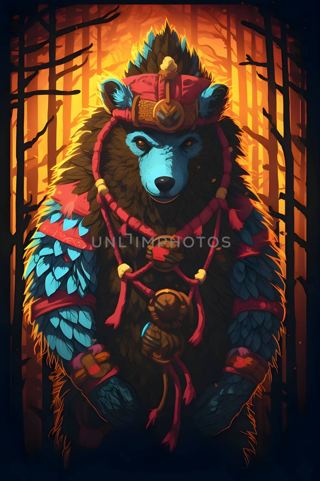 Abstract illustration: Illustration of a bear in the forest with a red bandana.