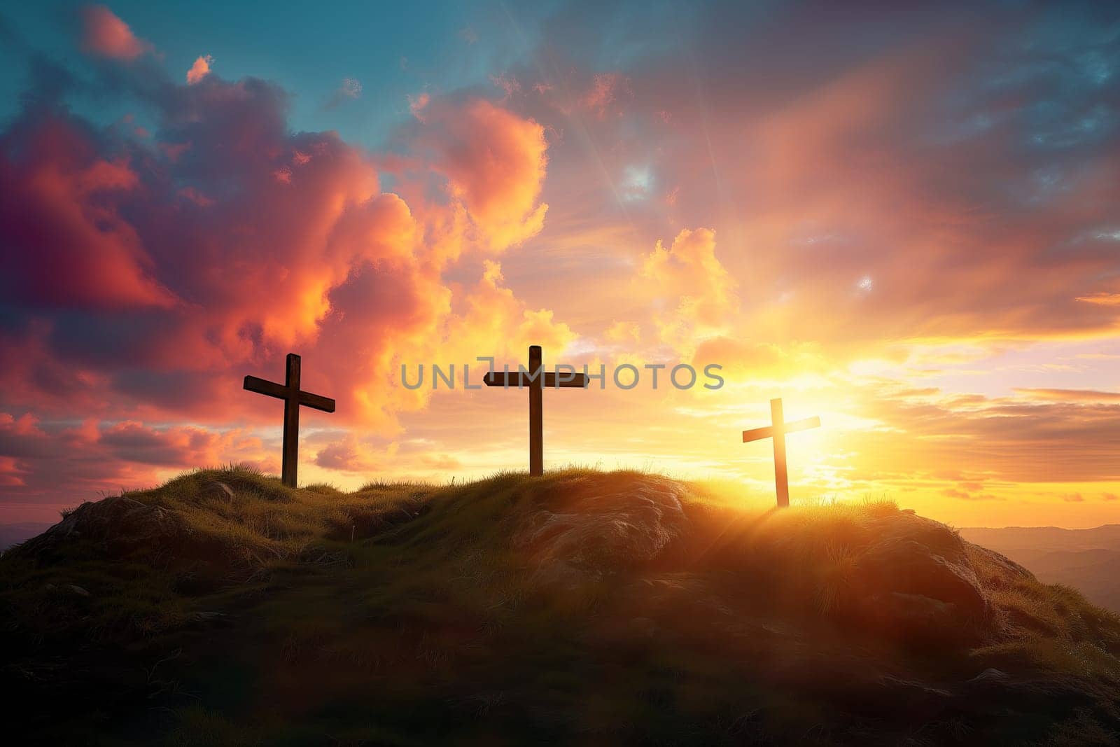 Three Crosses on Calvary Hill Dramatic Sunset at Golgotha by dimol