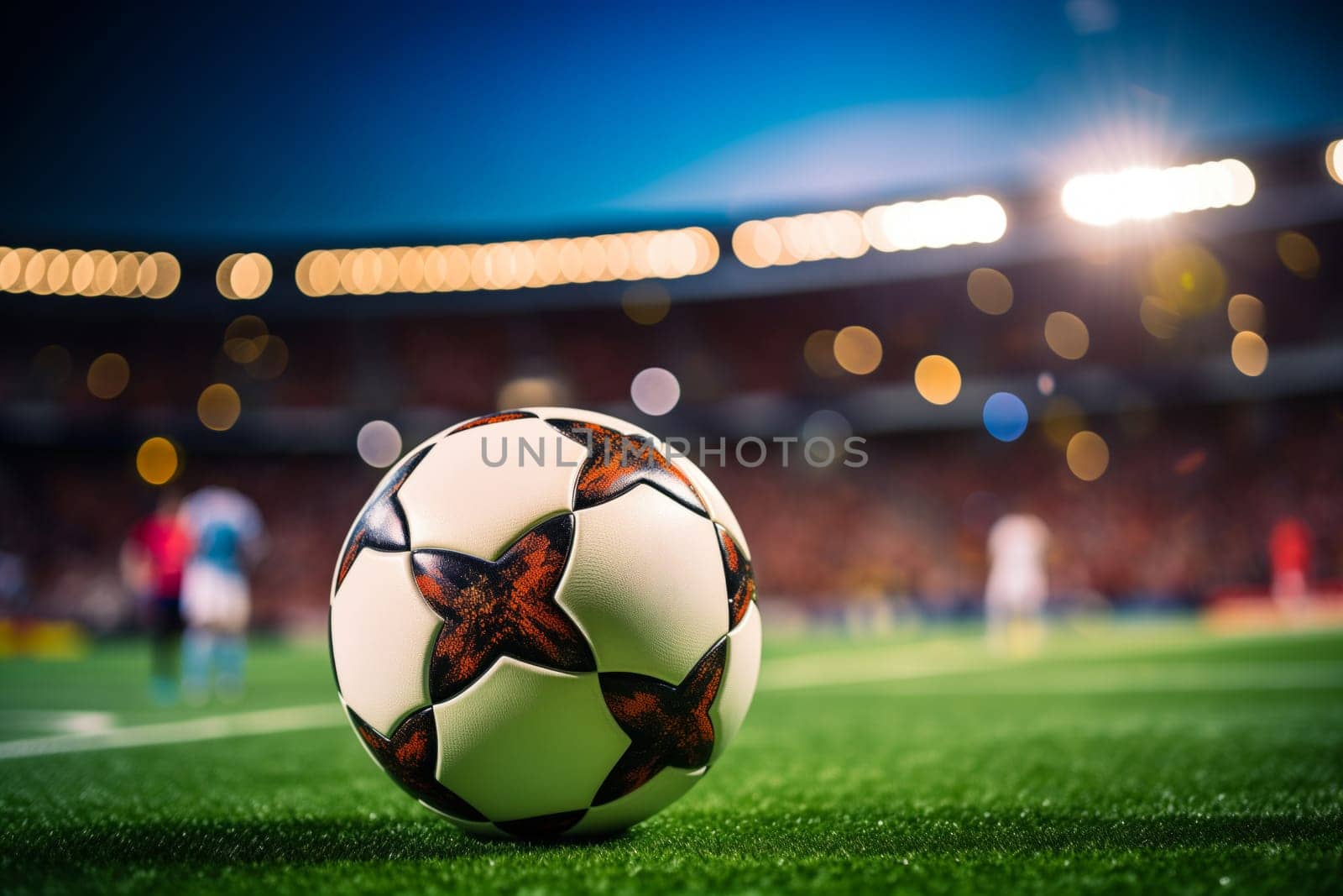 A soccer ball on a green field in soccer football stadium in evening with floodlights lights