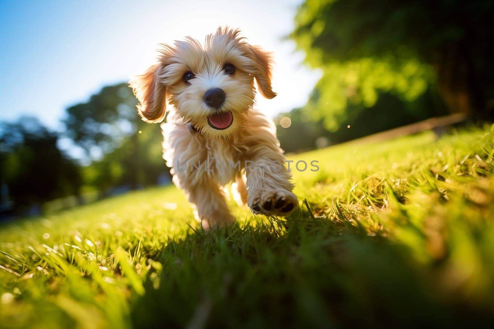 playful white puppy with fluffy fur is captured mid-run, running playing enjoying a sunny day outdoors
