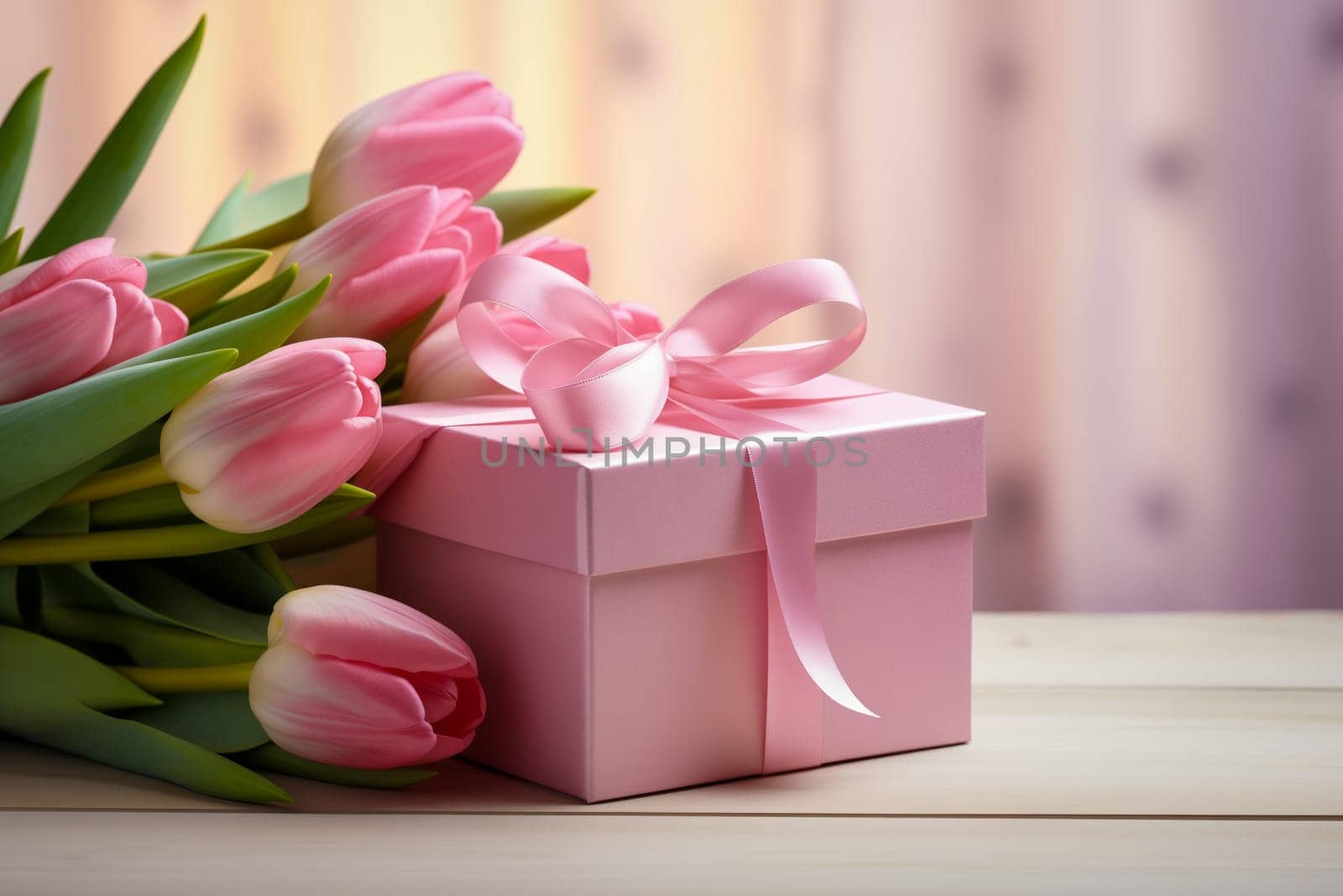 Gift Box with Pink Ribbon Beside Fresh Tulips by dimol