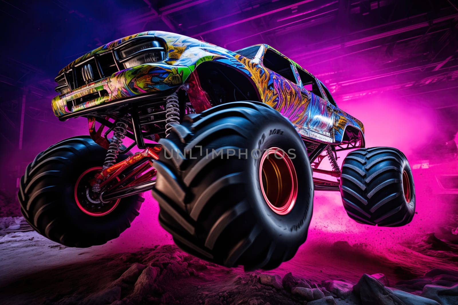 Monster truck with neon lighting, jumping off-road in cloud of dust. Excitement and thrill of an extreme sport