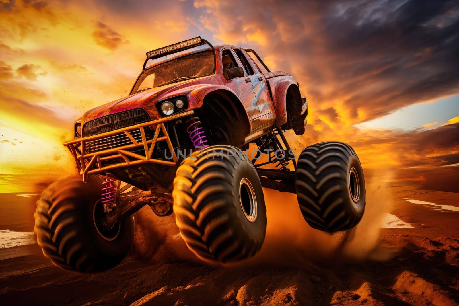 Monster truck driving and jumping outdoors amidst a cloud of dust. Thrill and adrenaline of an outdoor racing event on off-road terrain at dramatic sunset