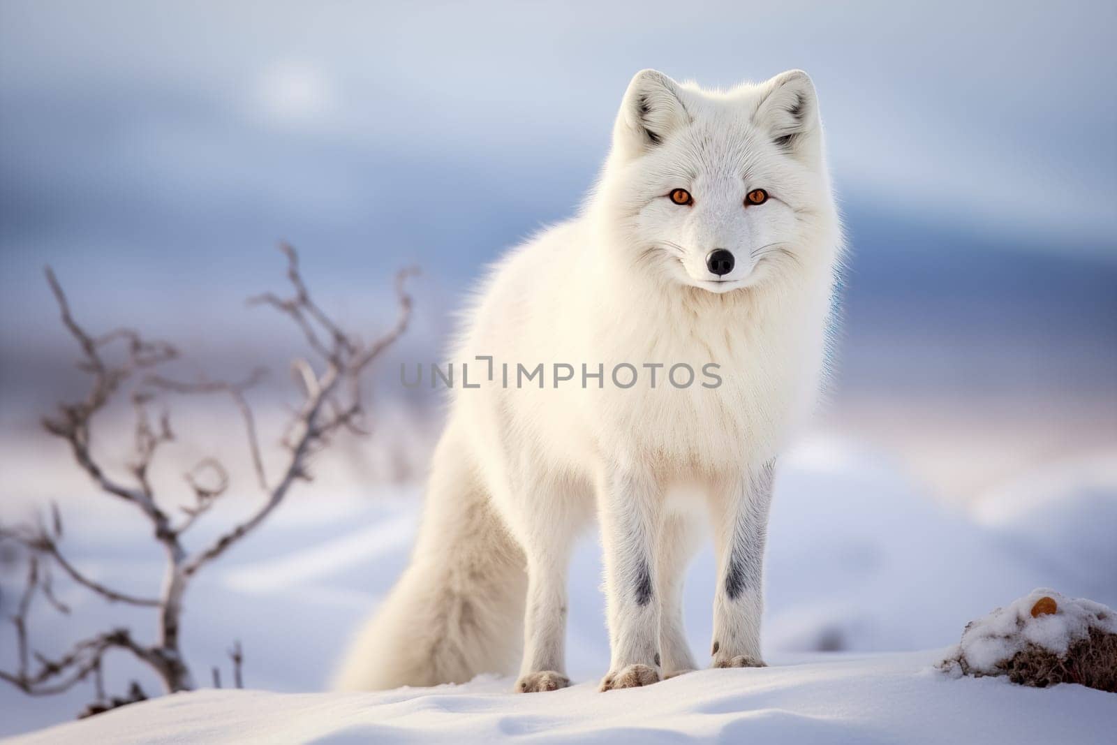 White Arctic fox standing on a snowy hill. The beauty and resilience of the fox in its natural habitat