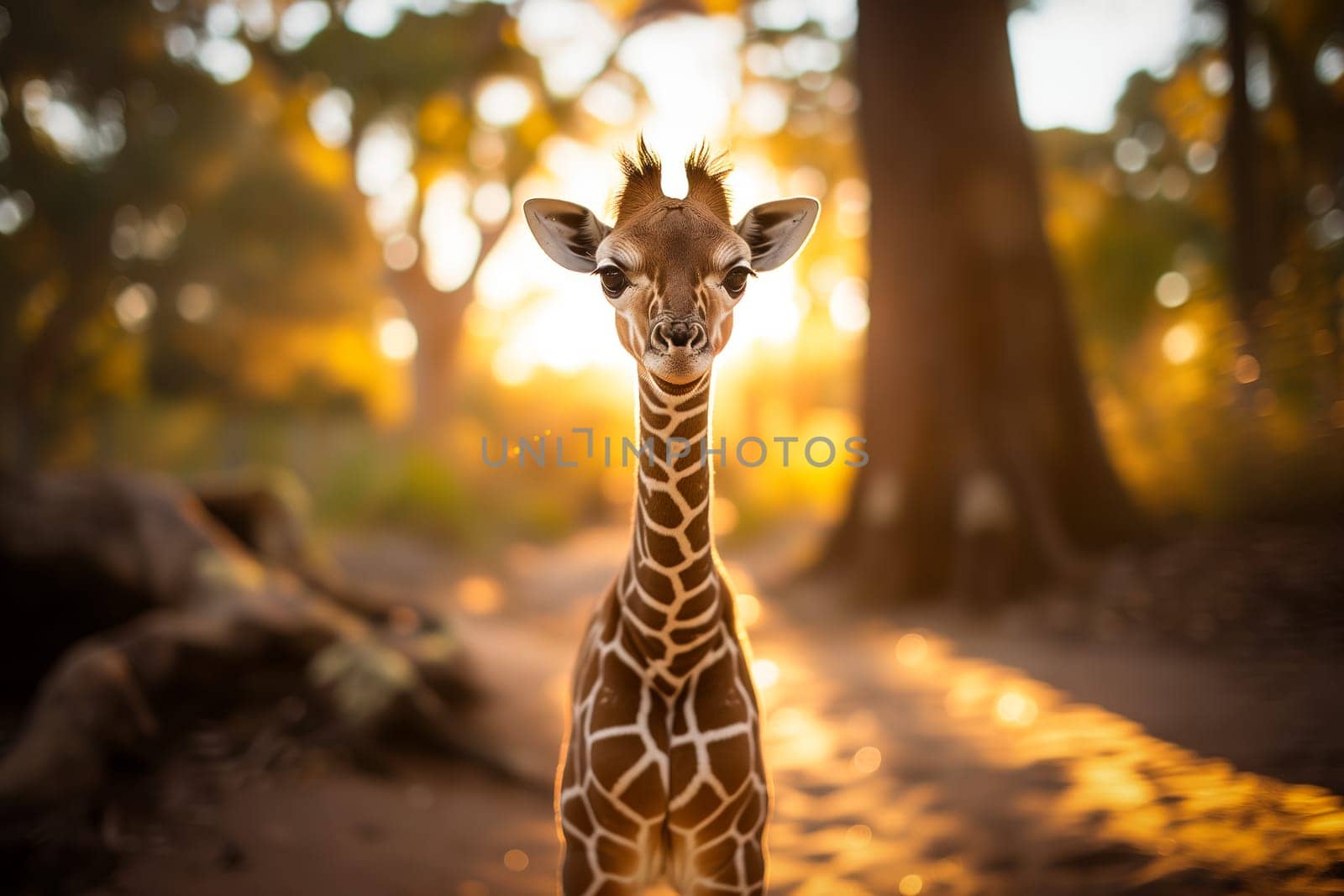 Baby giraffe standing amidst the golden rays of the setting sun, surrounded by nature beauty