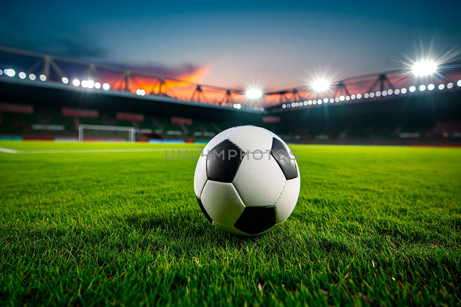 A soccer ball on a green field in soccer football stadium in evening with floodlights lights