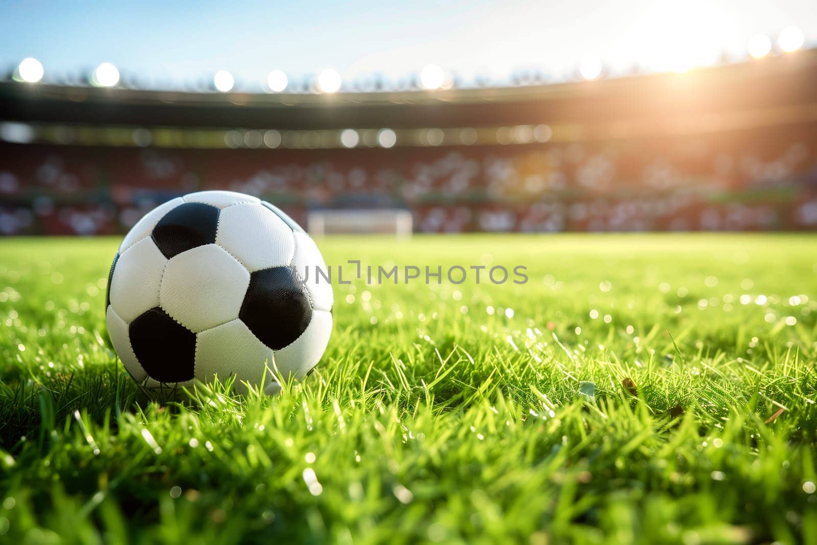 A soccer ball on a green field in soccer football stadium during game by dimol