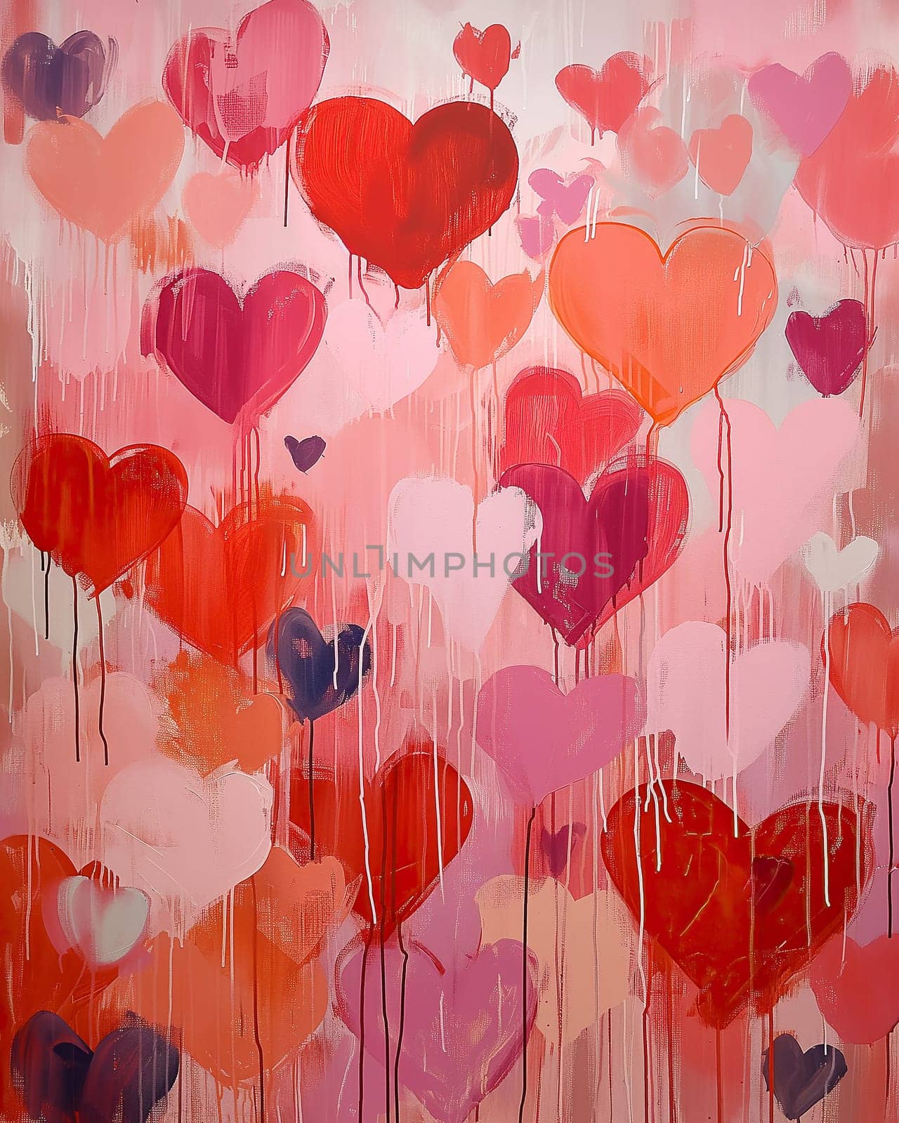 A vibrant abstract painting featuring various shades of red and pink hearts against a soft textured background. Perfect for themes of love, romance, and Valentine Day