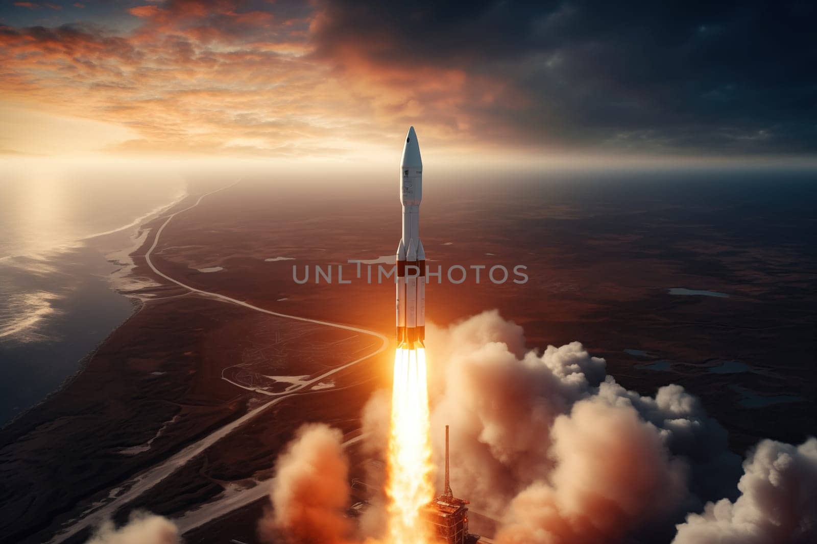 Aerial view of a rocket launch at sunrise sunset over an ocean coast. The rocket is blasting off with a trail of smoke and flames behind it.
