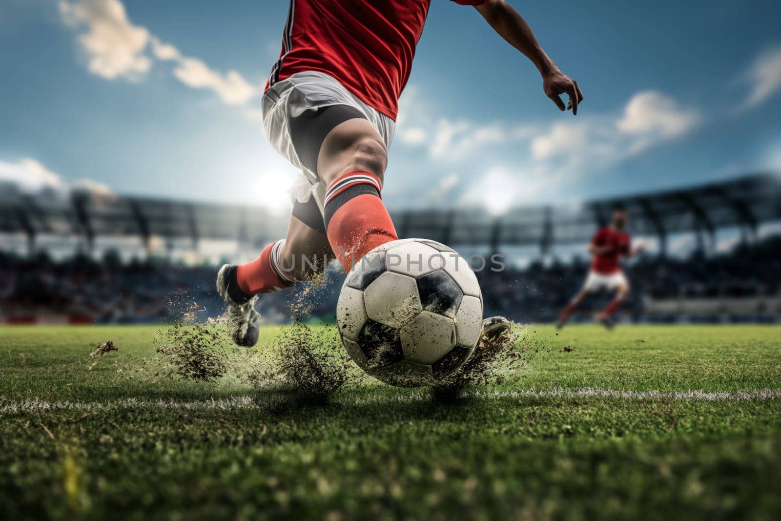 A soccer player kicks a ball on a football stadium field during game