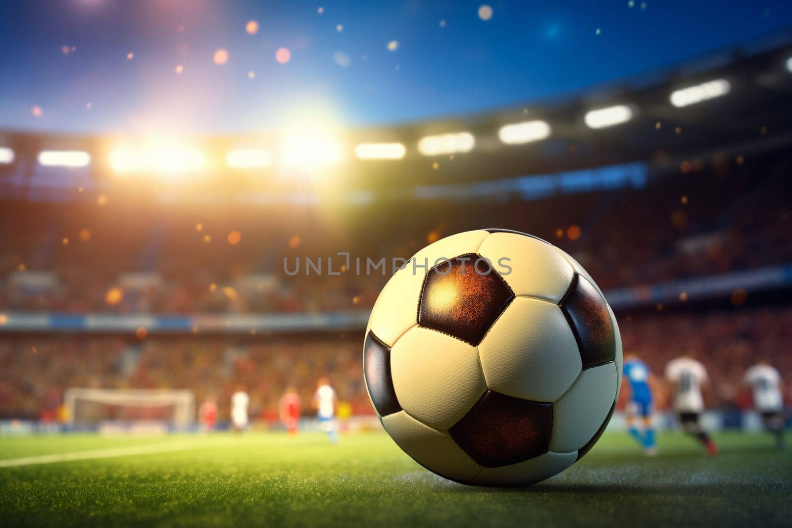 A soccer ball on a green field in soccer football stadium during game by dimol