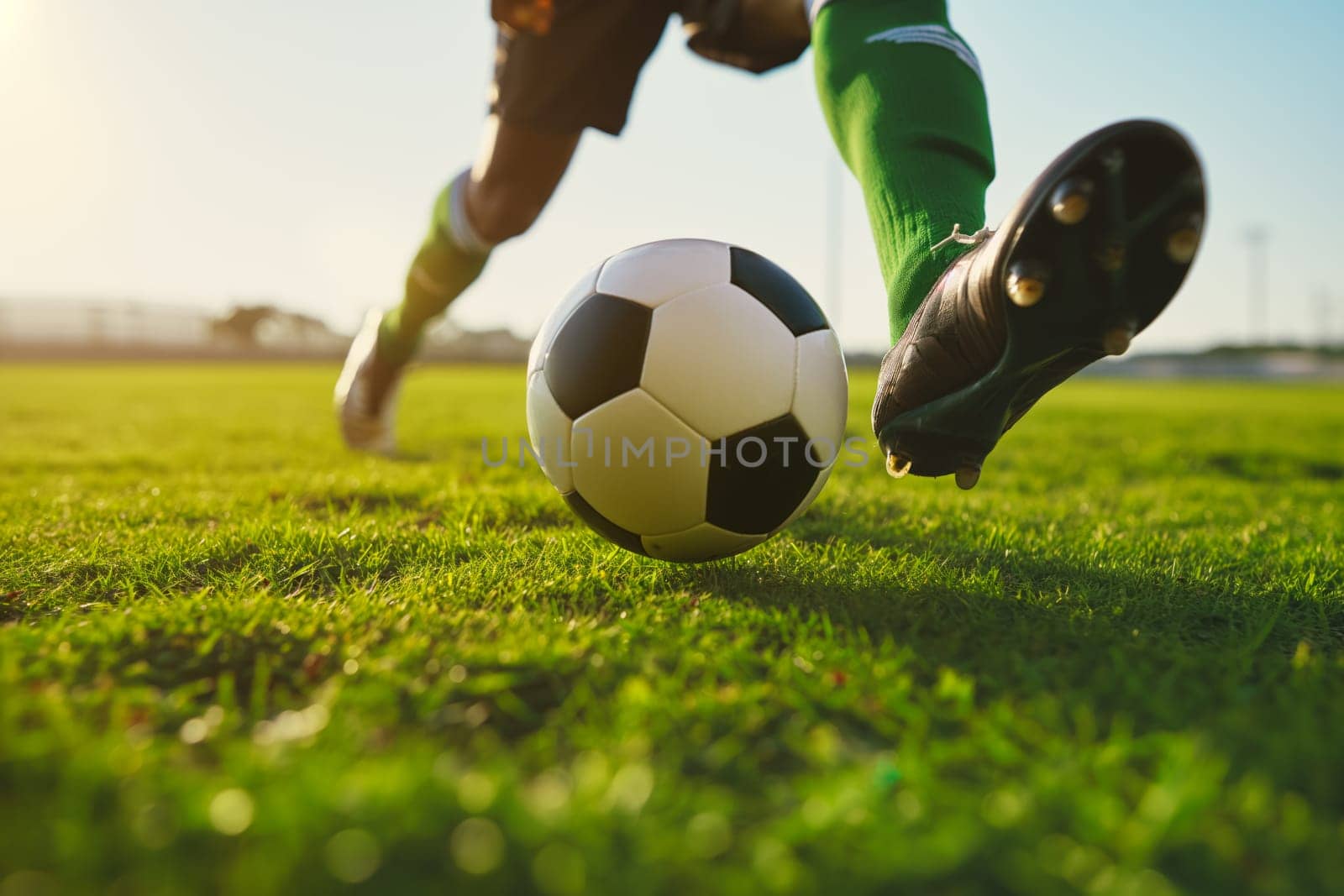 A soccer player kicks a ball on a football stadium field during game