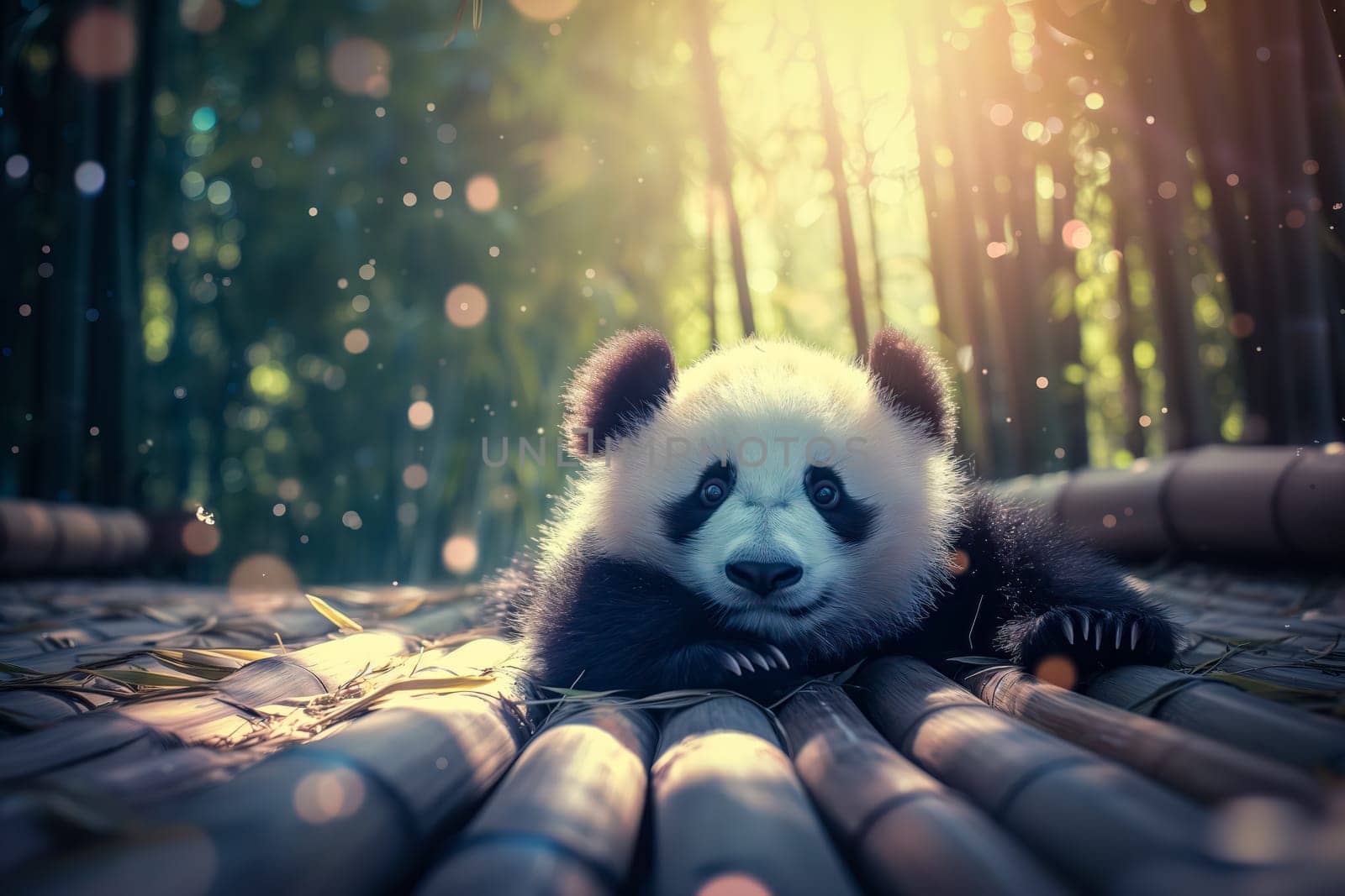 Cute panda cub in a lush bamboo grove, The image showcases the beauty and serenity of nature and wildlife. Endangered species