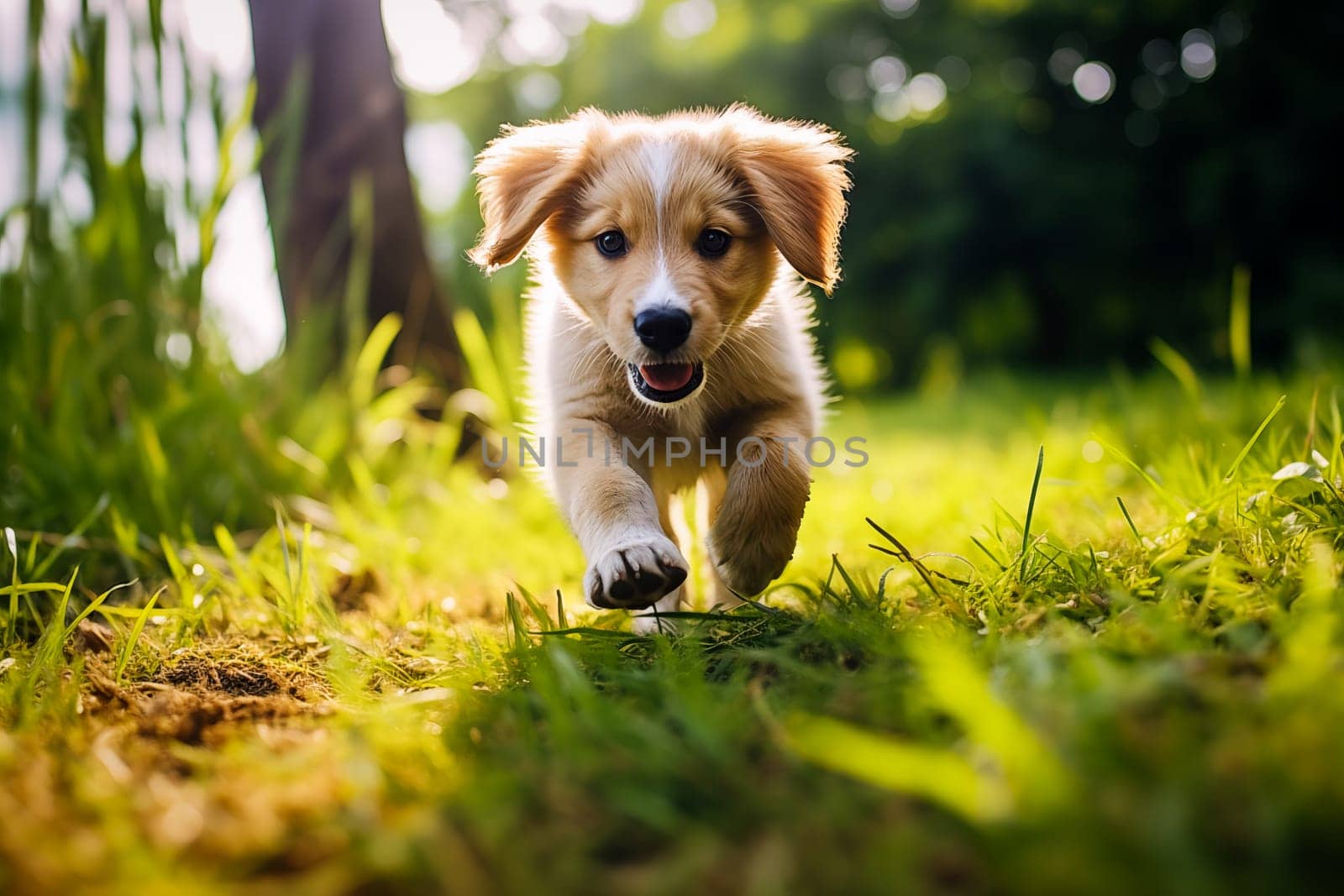 Cute puppy running joyfully on the green grass in a sunlit park