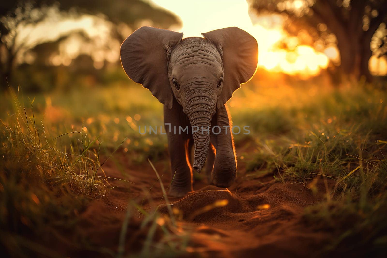 Baby elephant walking majestically against the backdrop of a golden sunset