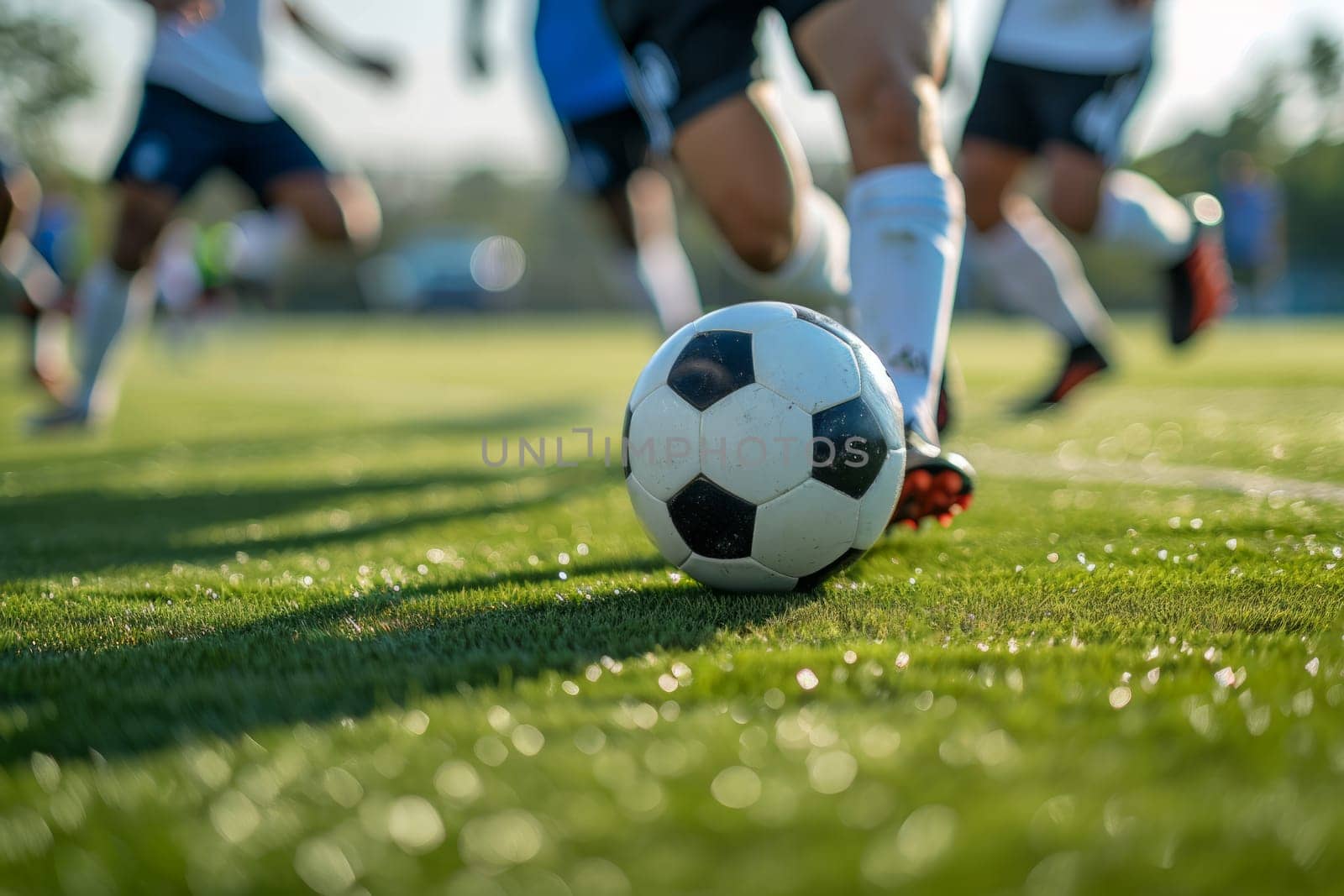 A soccer player kicks a ball on a football stadium field during game