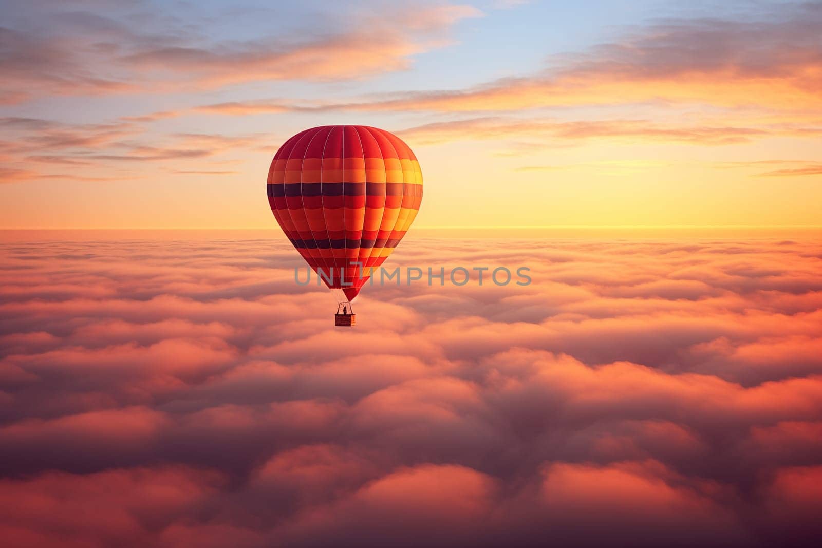 Colorful hot air balloon floats over a sea of clouds at sunset at sunset with orange and blue skies in the background. Travel journey adventure beauty of nature concept