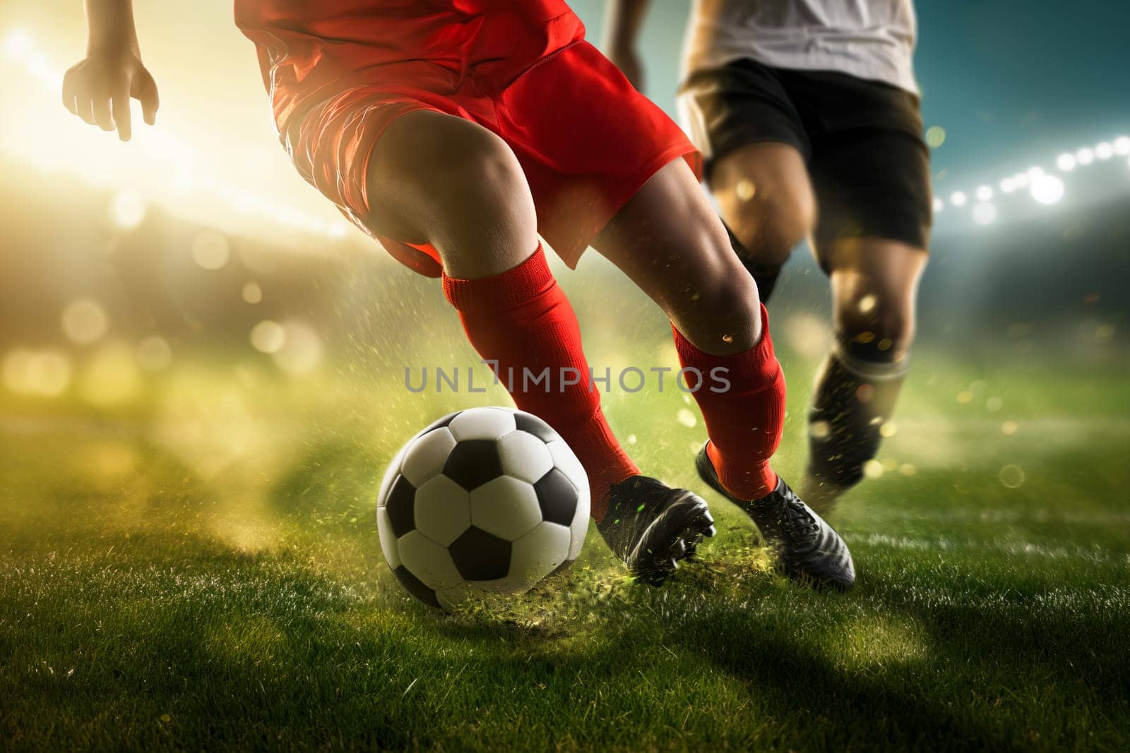 Two soccer players struggle dribble and kick a ball on a football stadium field