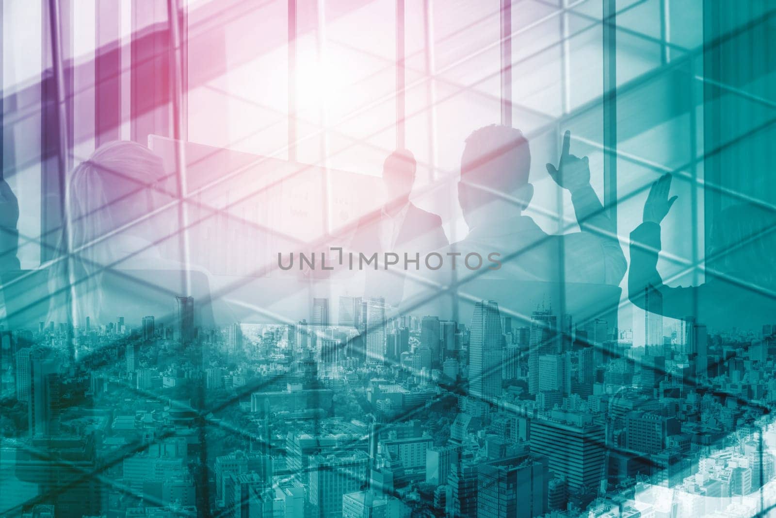 Double exposure image of faded business abstract background with office building and people conference group meeting showing partnership success of business deal. uds