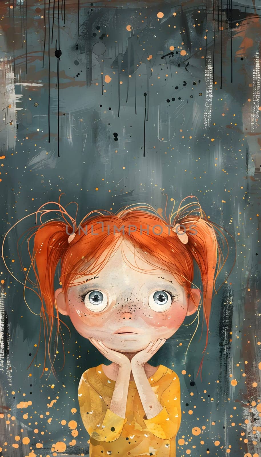 A young girl with fiery red hair admires her artwork through the window by Nadtochiy