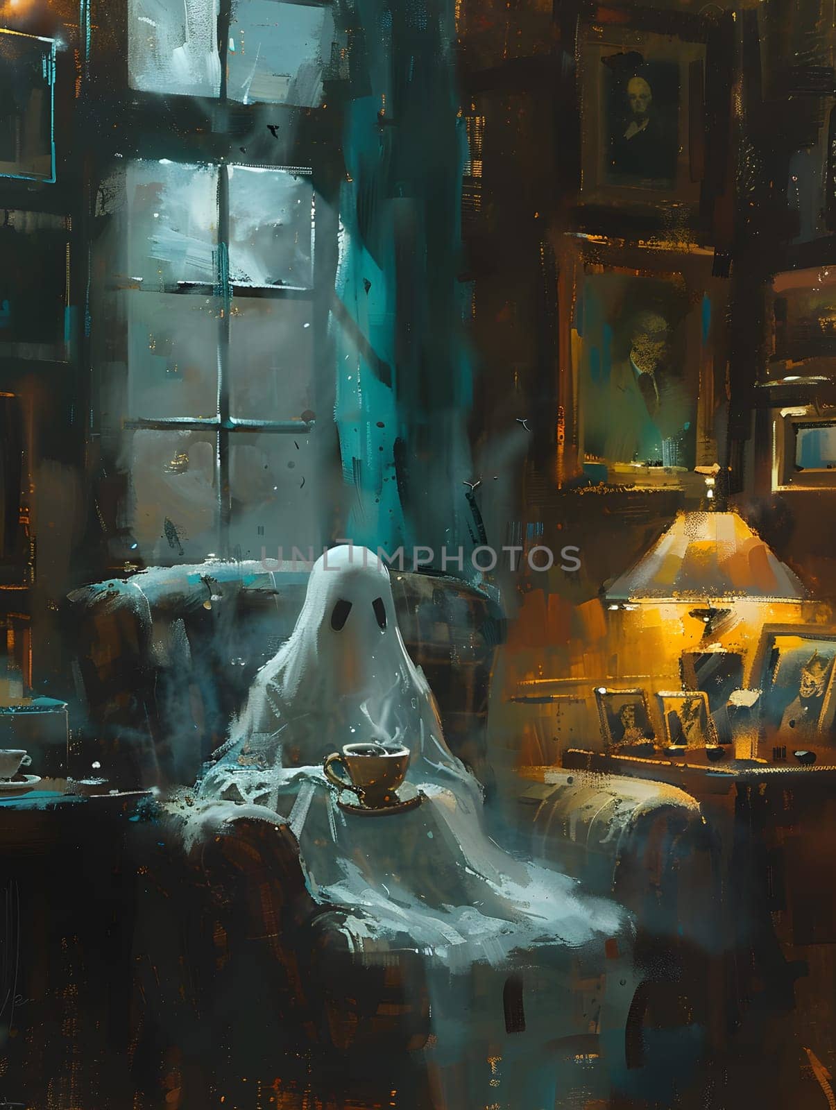 An eerie painting of a ghost sitting on a couch in a room filled with water and glass. The art depicts a haunting event with a Terrestrial animal and a building in the background