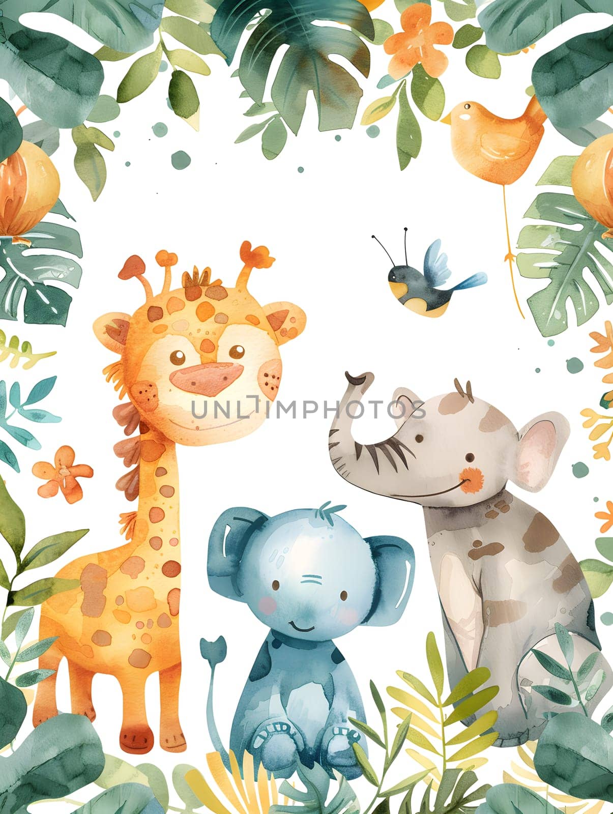 Organisms like a giraffe, elephant, and baby elephant sit happily in the jungle by Nadtochiy