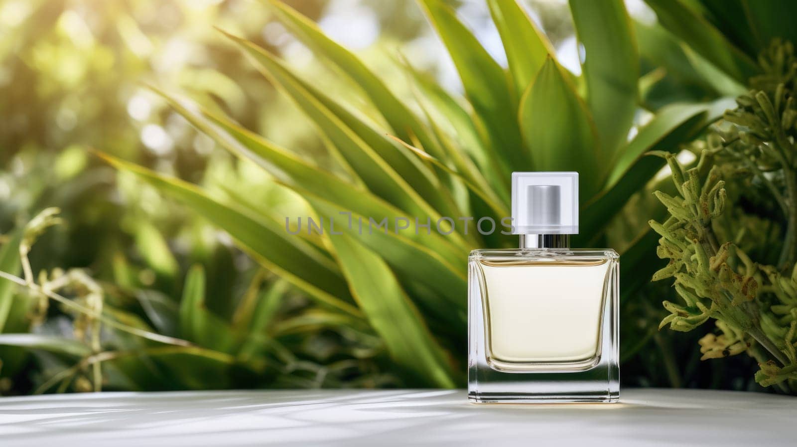 Transparent white glass perfume bottle mockup with plants on background. Eau de toilette. Mockup, spring flat lay. by JuliaDorian