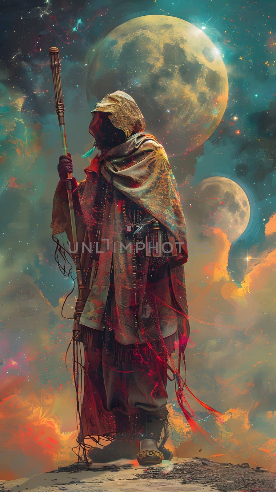 CG artwork of a fictional character holding a cane in front of a planet, blending art and geological phenomenon in a stunning illustration